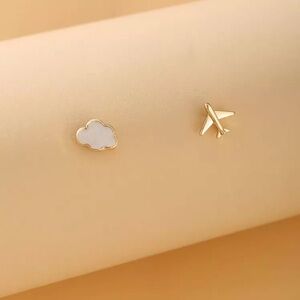 Stainless steel Gold Airplane and White Cloud Stud Earrings